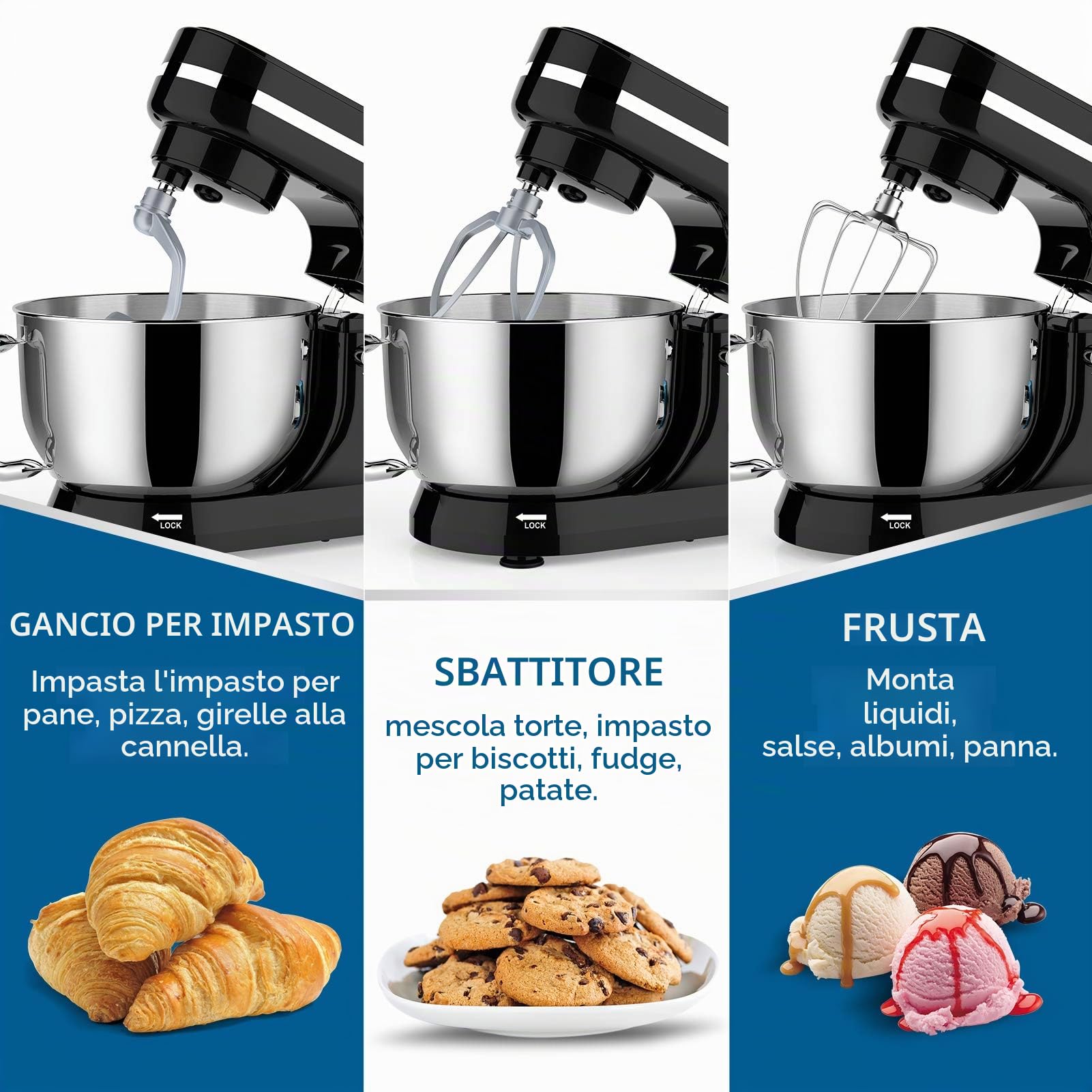 Impastatrice Planetaria, Vospeed 1000W 5QT Robot da Cucina con Frusta, Gancio per Impastare, Frusta per Dolci, Ciotola di Acciaio Inossidabile, Coperchio Paraspruzzi (Nero)