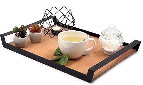 pratikoutdoor Büyük Ham Renk Servis ve Sunum Tepsisi, Metal Kulplu Ahşap Tepsi - 48,5x32 cm