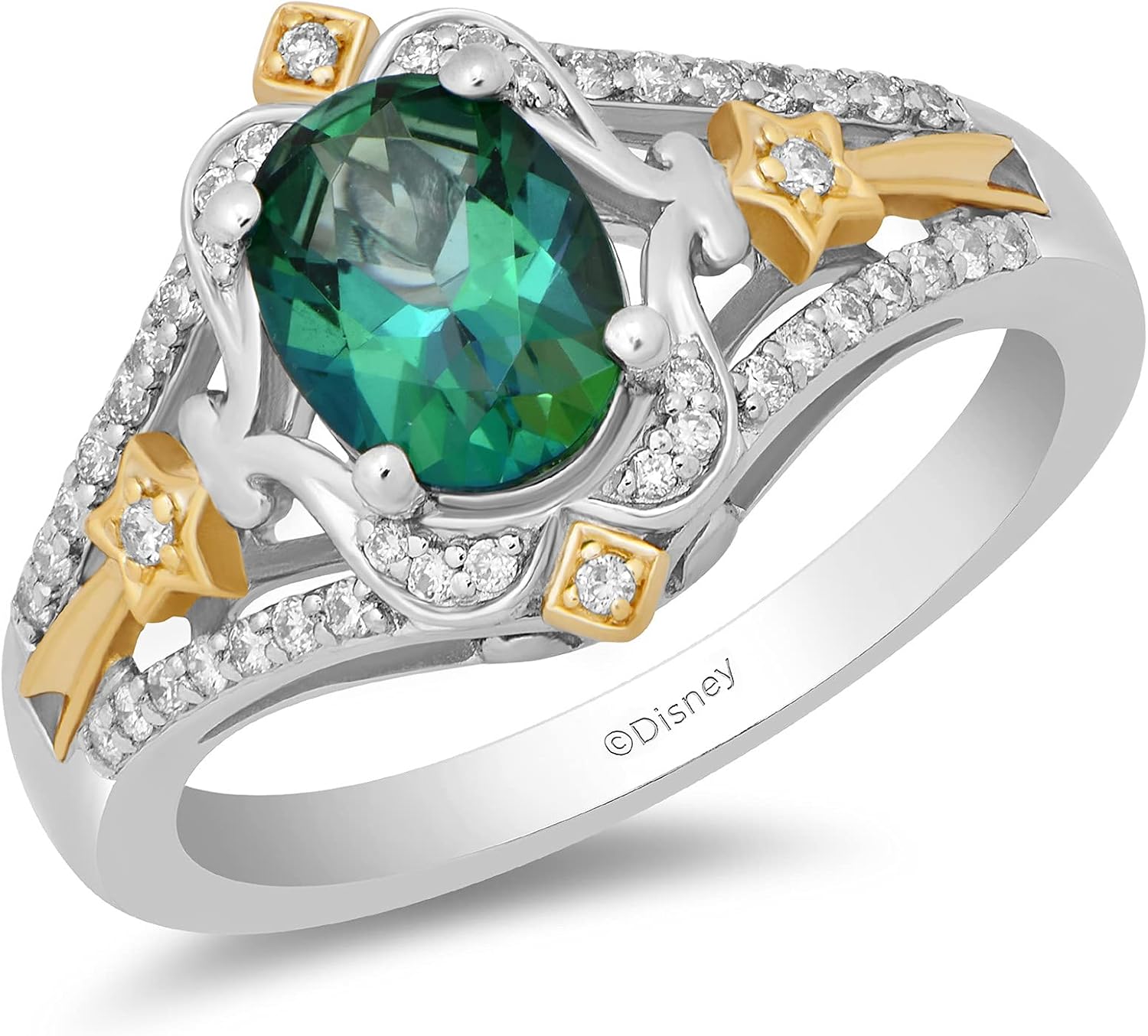 Jewelili Enchanted Disney Fine Jewelry 10K Yellow Gold and Sterling Silver 8x6 MM Oval Created Emerald and 1/5 Cttw Natural White Diamond Tinkerbell Ring