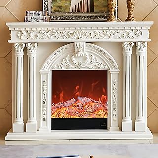Electric Fireplace - Modern Electric Fireplaces TV Stand with Arched Carved Door Design,Freestanding Cabinets Includes Realistic Flame Effects&Line Design Column for Living Room(White)