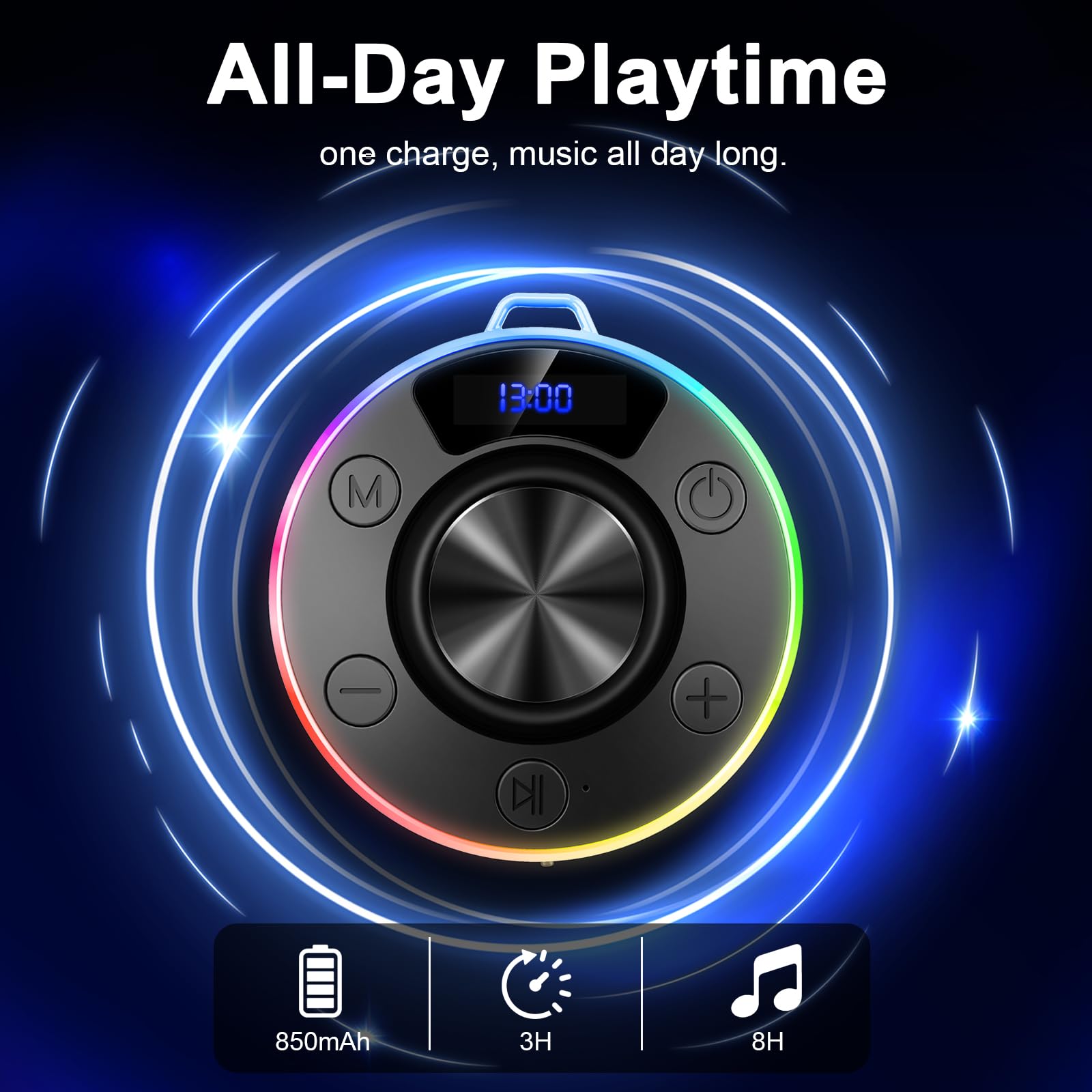 Wasserdichter Bluetooth Duschlautsprecher mit Zeitanzeige, IPX7 Waterproof Shower Speaker, Starker Bass, Saugnapf & Hakenclip, Freisprecheinrichtung, Musikbox für Badezimmer, Strand