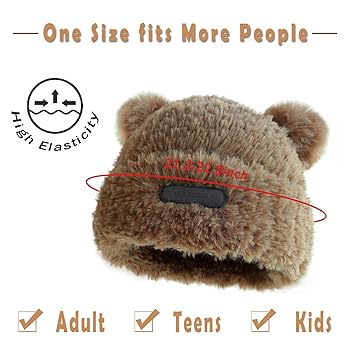 Cute Fuzzy Bear Ear Beanie Hat for Women Skin-Friendly Plush