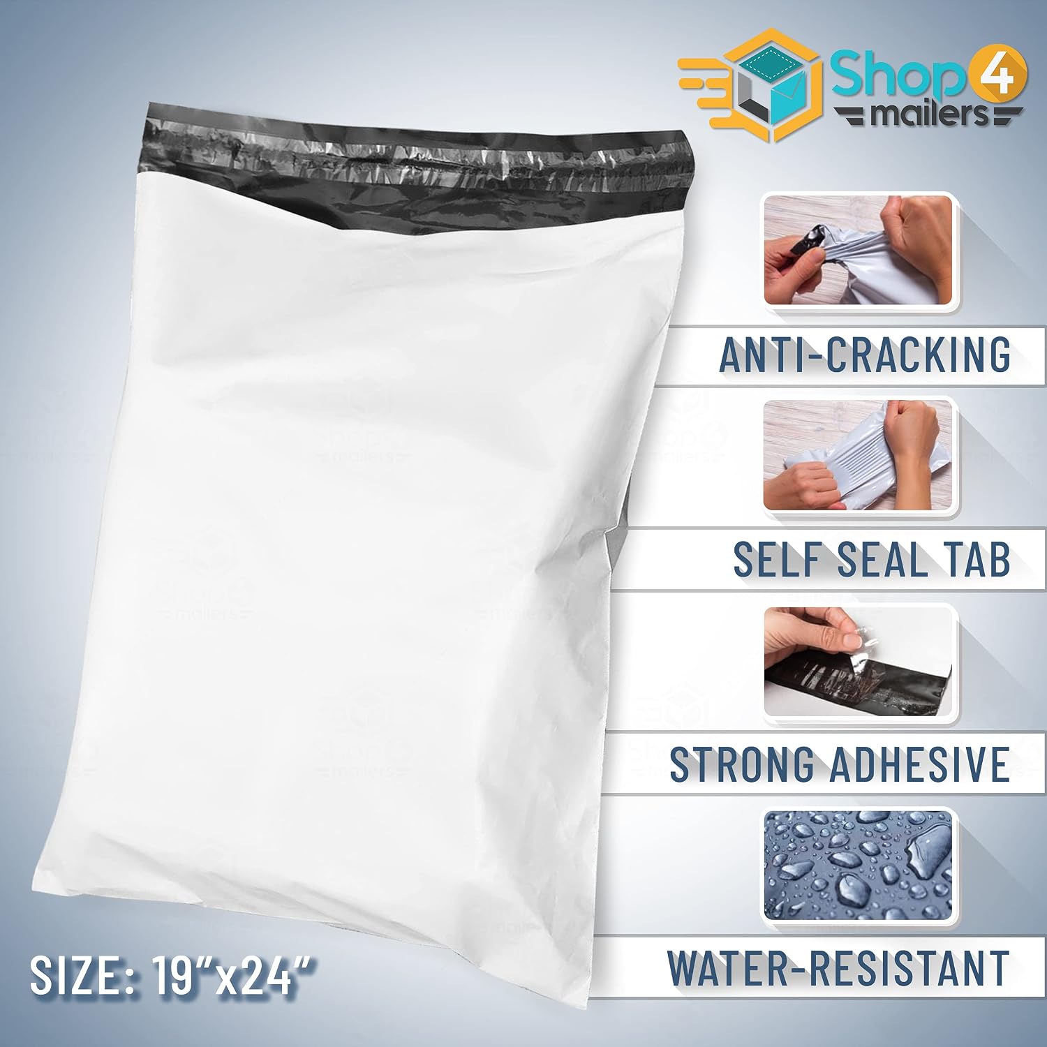 Shop4Mailers 19 x 24 Glossy White Plastic Self Seal Poly Mailer Flat Bags Waterproof Shipping Envelope 2 Mil for Apparel, Clothes, Shirts, Books – Permanent Adhesive Seal (250 Pack)