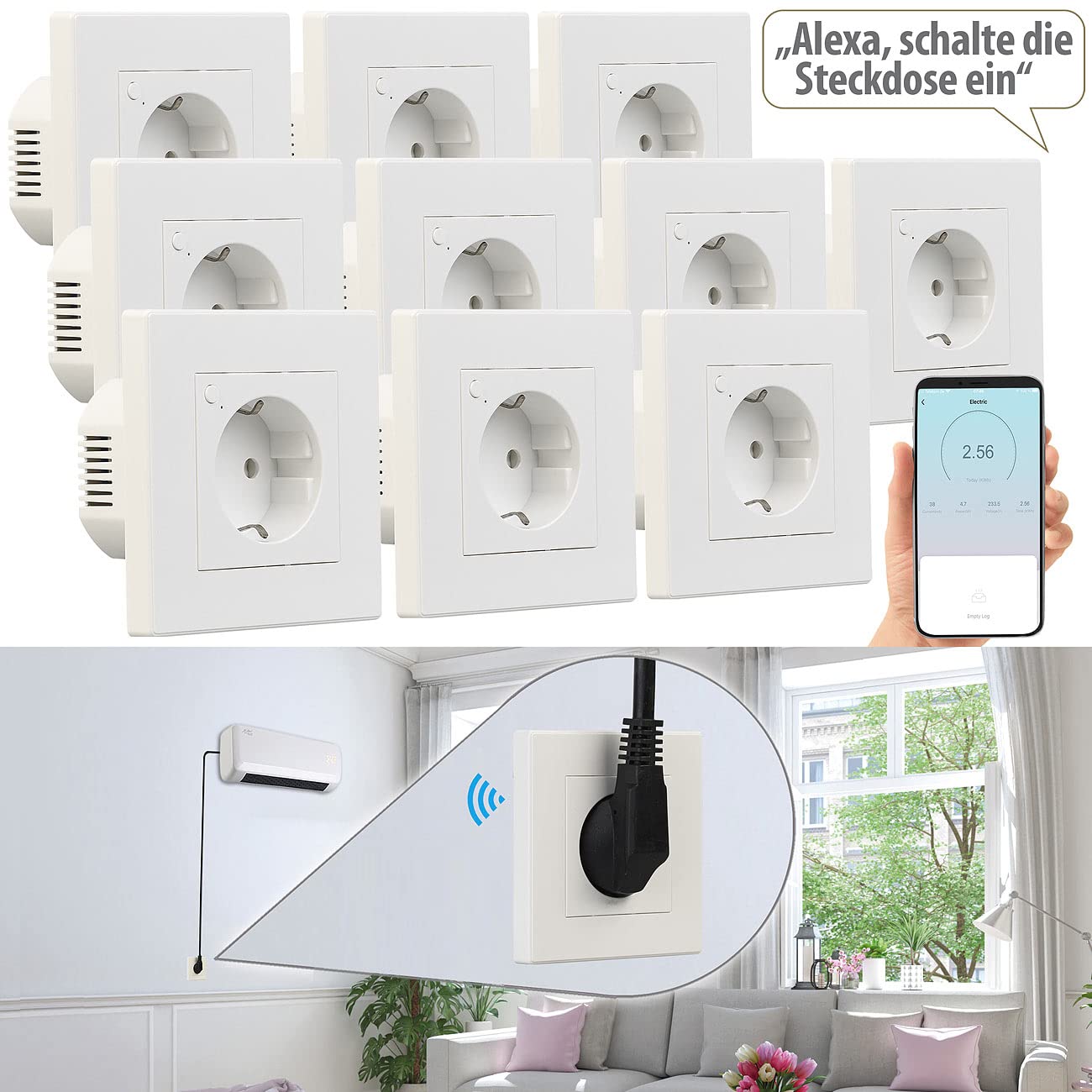 Luminea Home Control Alexa Smart Steckdose: 10er-Set WLAN-Unterputz-Steckdosen mit Verbrauch-Messung, App, 3.680 W (Unterputz-Steckdose Alexa, Programmierbare WLAN)