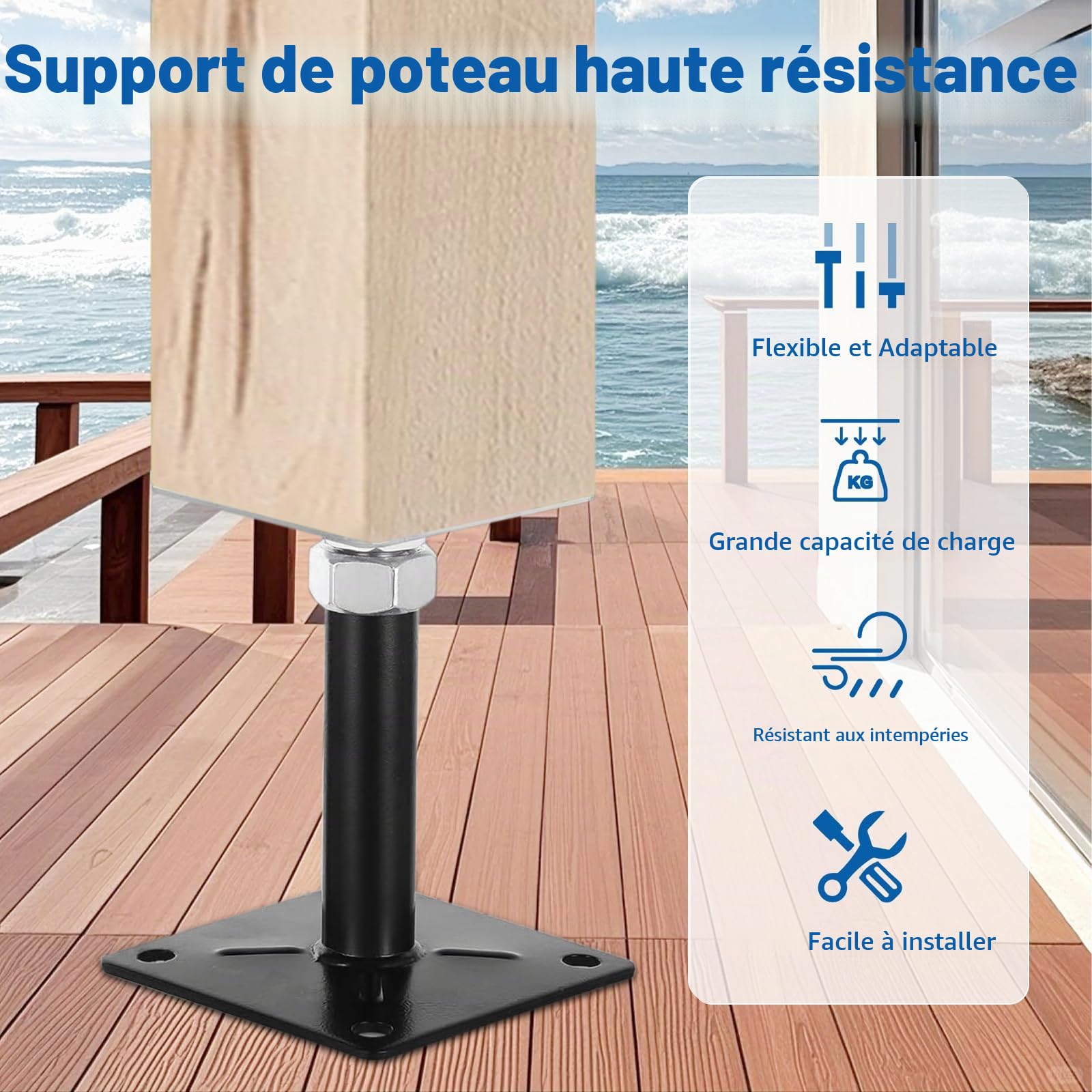 Lot de 4 supports de poteau - 100 x 100 mm - Hauteur réglable : 130 à 200 mm - Support de poteau réglable - Galvanisé à visser - Pied de support - Pied de support - Pied de sol en béton