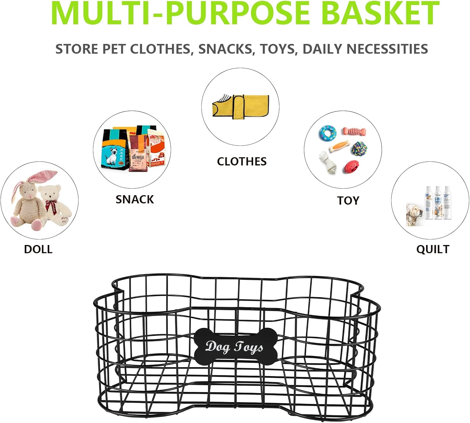 Geyecete Dog Toy Basket, Bone Shaped, Black, Metal, Organizer, Storage, Pet Accessories