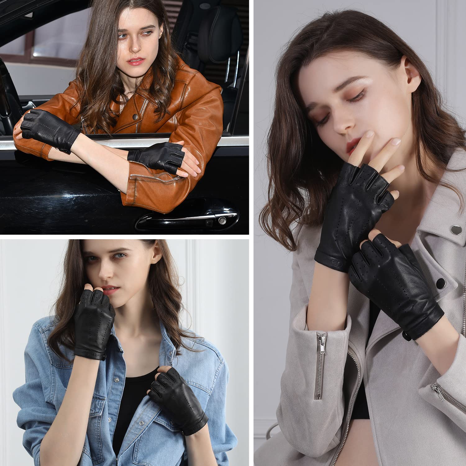 GSG Guantes sin Dedos de Cuero para Mujer sin Forro Medio Dedo Guantes de Piel de Oveja para Conducir W200103