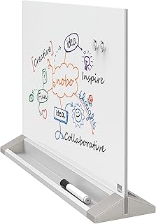 Nobo Glas-Whiteboard Freistehende Magnetische Desktop-Tafel, Beidseitig Beschriftbar, Trocken Abwischbar, Rahmenlos, Zuhause/Büro, 585 x 447 mm, Inkl. Markerstift und Magneten, Brilliant Weiß, 1905265