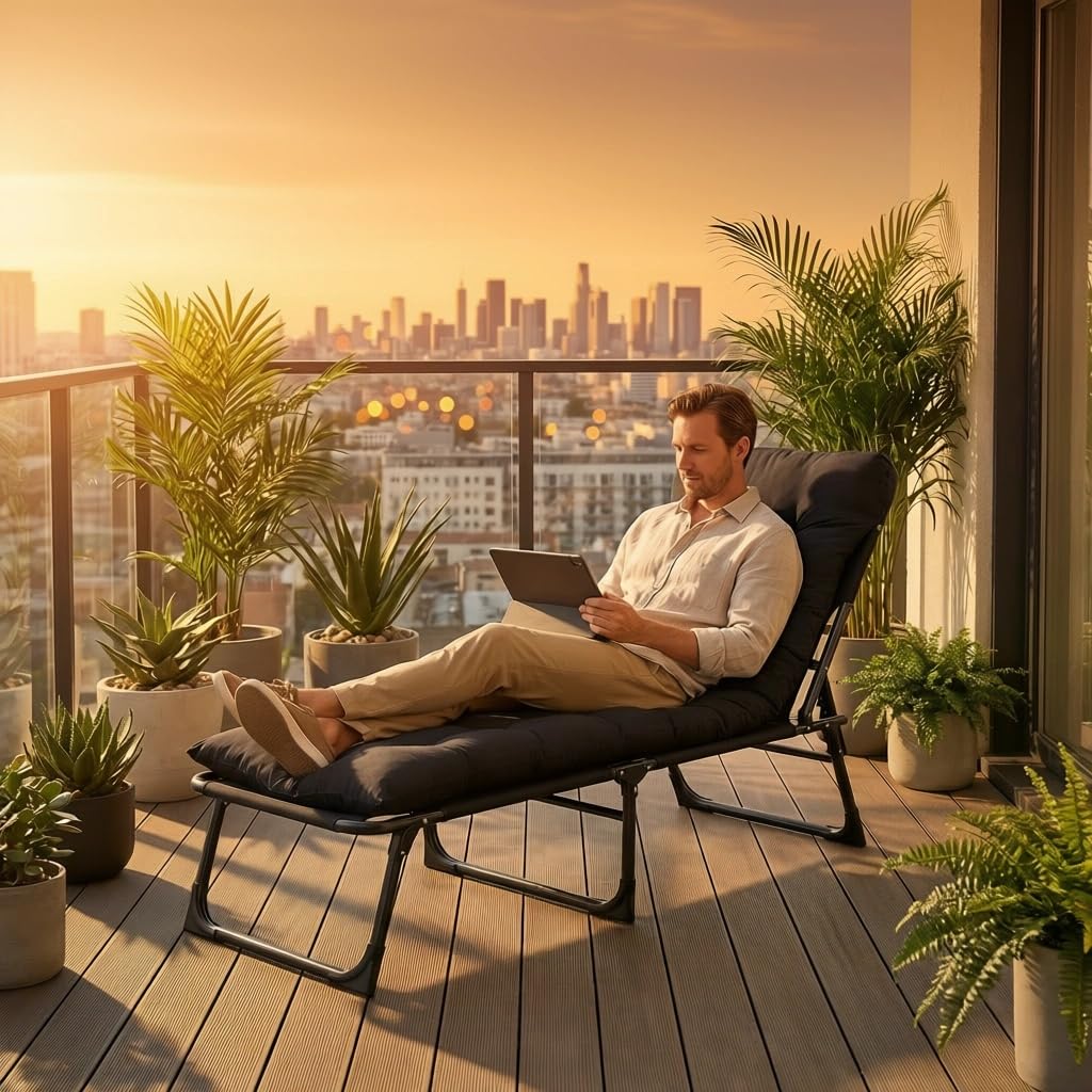 Folding Lounger,Sonnenliege Klappbett Gästebett Klappbar Liegestuhl,4 Positionen Verstellbares Tragbares Multifunktions-Campingbett,Mit Matratze Seitentasche (Schwarz 1 Stück)