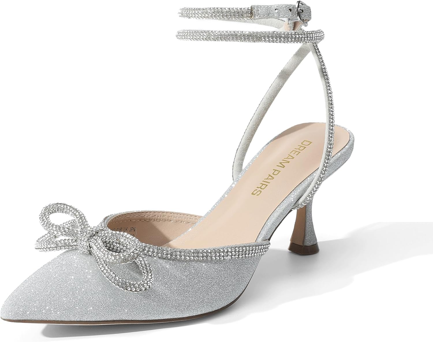 DREAM PAIRS Kitten Heels Rhinestone Bow Ankle Strap Stiletto Pointed Closed Toe Heels for Women Pumps Wedding Bridal Party Dress Shoes