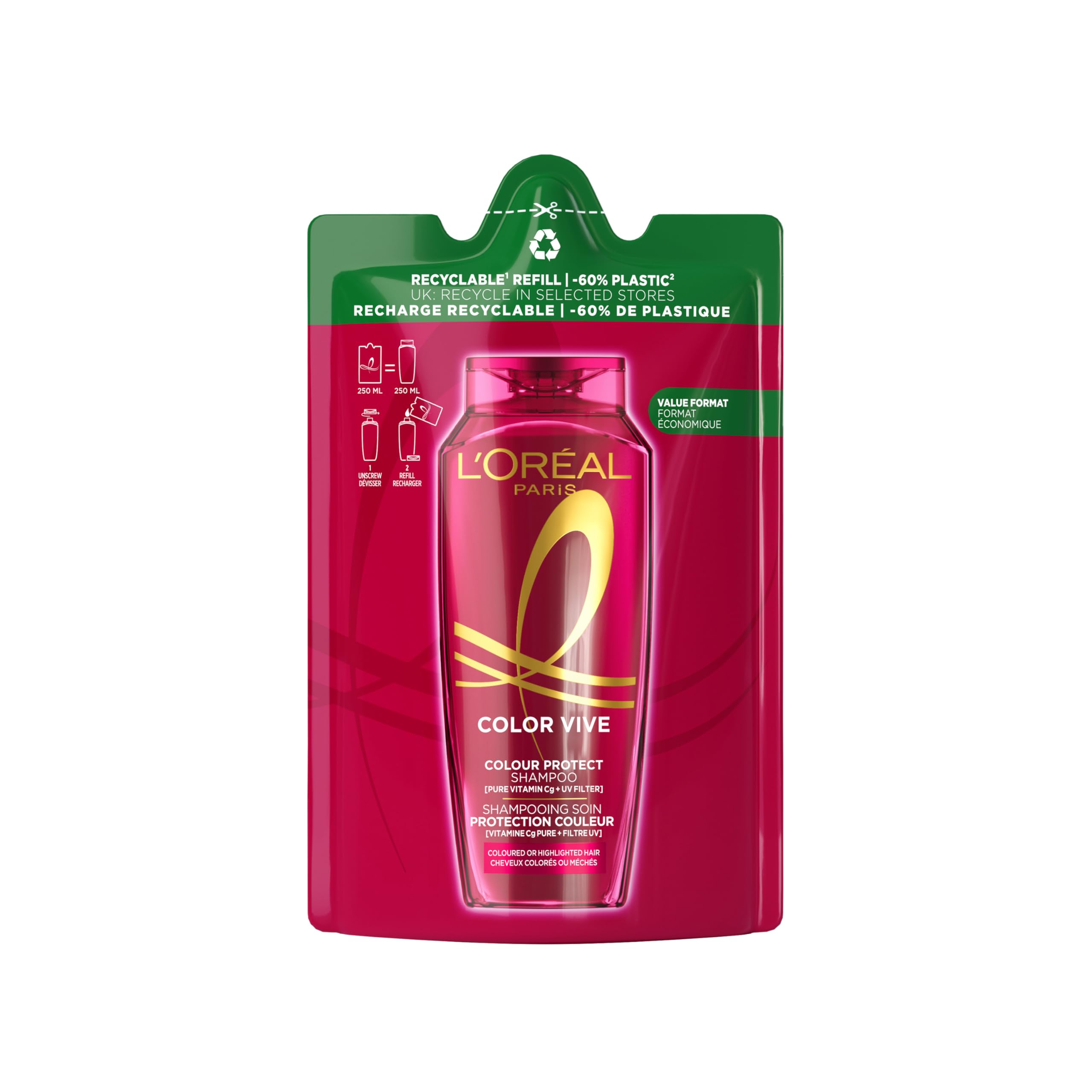 L'Oréal Paris Elvive Colour Protect Shampoo Refill Pouch, for Coloured & Highlighted Hair, 250ml