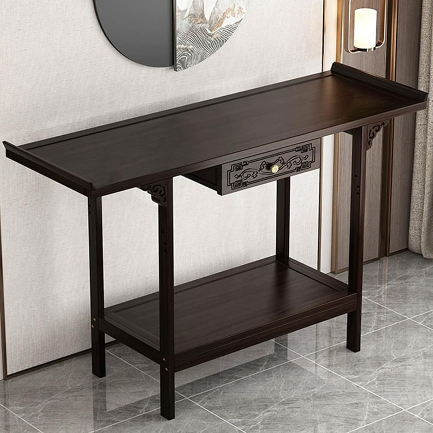 Personal Shrine Altar Table, Meditation Shrine Altar Cabinet Table with Storage Tier, Bamboo Buddha Niche, Offering Tables for Displaying Jars and Books(80cm/31.5in)