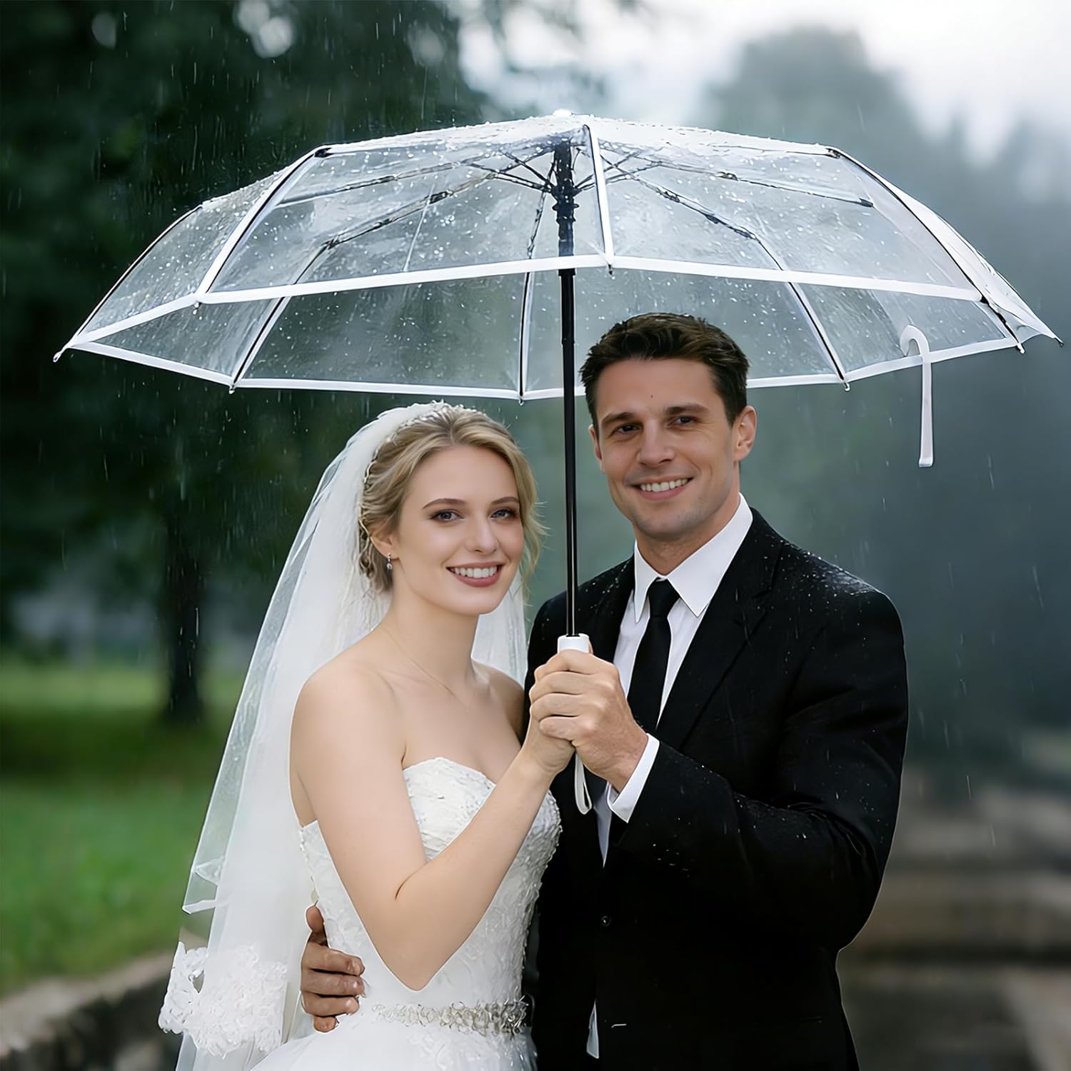 12 Pcs Full Automatic Clear Umbrella Wedding, Foldable Auto Open Close Clear Umbrella Bulk with Wedding Thank You Cards for Rain Wedding Anniversary Party Favors