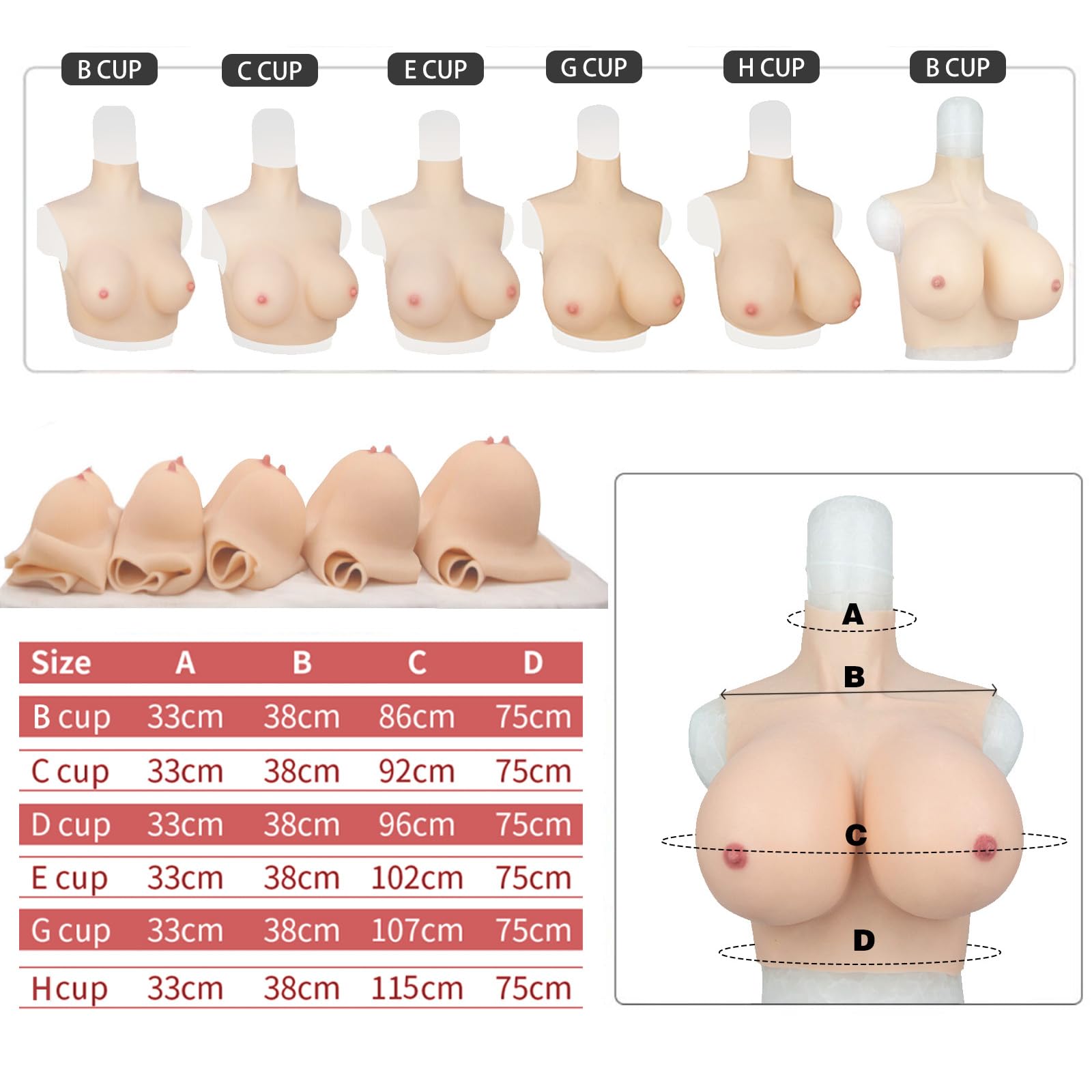 Silicona Pecho Moldes Pechos falsos Pechos falsos Cuellos altos Estilo C-H Copa para Drag Queen Crossdress