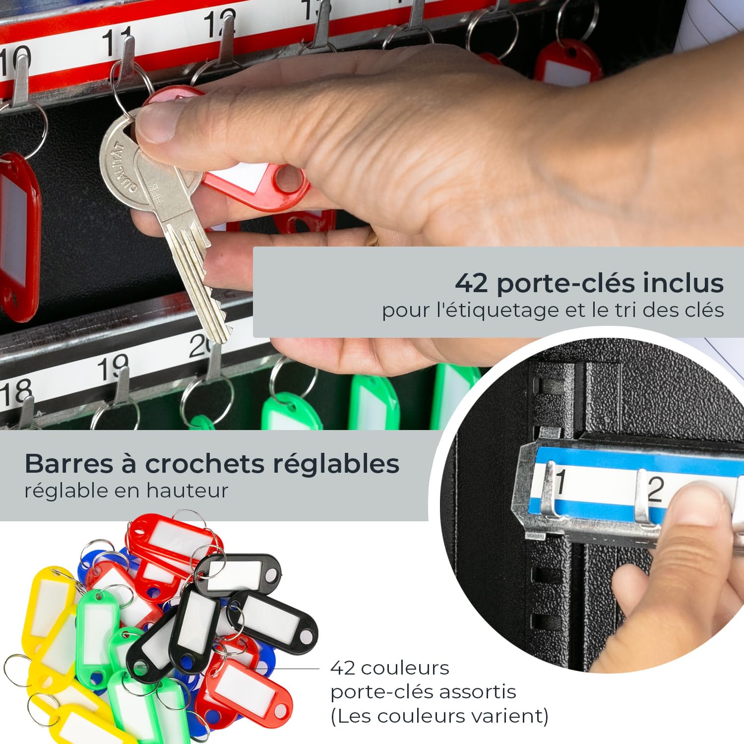 HMF Armoire à clés en Acier, Coffret à clés verrouillable pour Bureau, Administration ou Parc Automobile | 42 Crochets pour clés | 35 x 27 x 8 cm | Noir