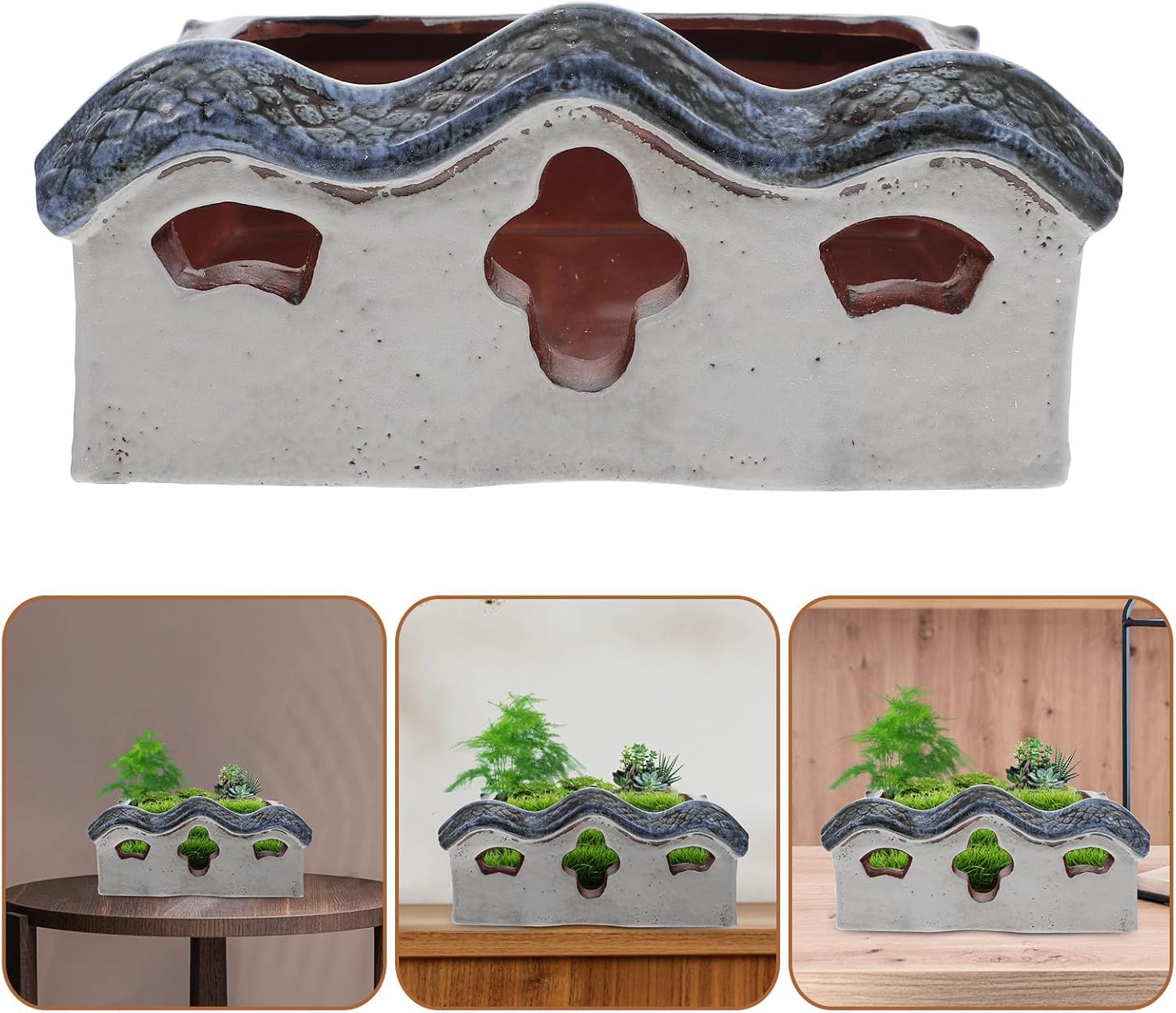 Luxshiny Retro Ceramic House Shaped Flowerpot Succulent Planter for Indoor and Outdoor Garden Vintage Style Small Decorative Plant Container