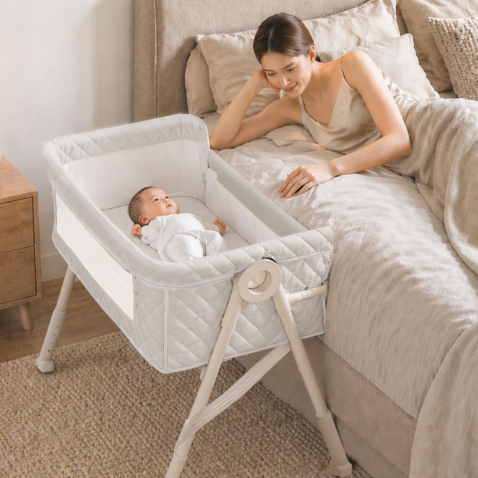 Beistellbett Baby, 3-in-1 Beistellbett, Babybett für Neugeborene mit atmungsaktivem Netz, höhenverstellbar & neigbar, inkl. Matratze, für Zuhause & unterwegs, Hellgrau | 4 Auto-Lock Räder