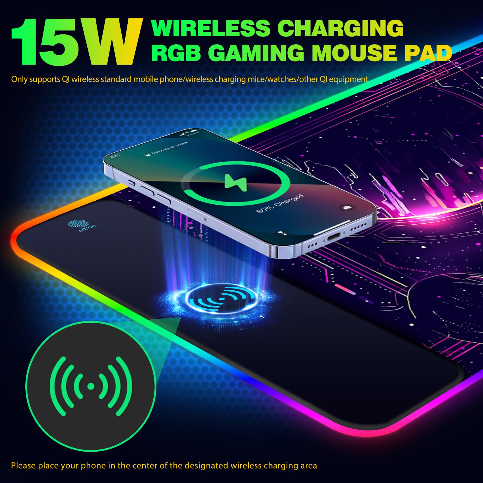 AIMSA Tappetino per mouse da gioco RGB con ricarica wireless, grande tappetino per mouse con 14 modalità di illuminazione a LED, base in gomma antiscivolo, impermeabile, per decorare casa e ufficio,