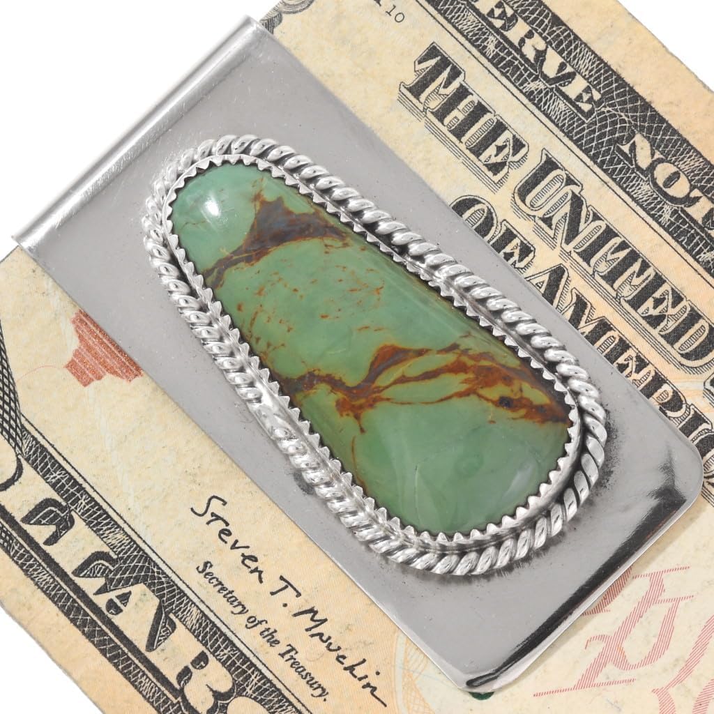 Navajo Turquoise Mountain Single Nugget Silver Money Clip Sterling Twist Wire Design on German Silver Clamp 3431