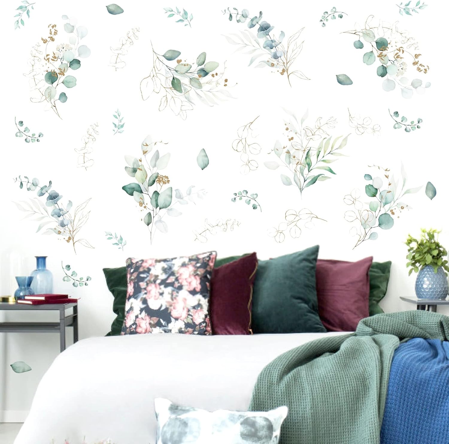 Green Leaves Wall Decals Modern Gold Leaves Wall Stickers for Living Room Spring Vine Wall Decal Peel and Stick Botanical Plant Art Sticker Eucalyptus Leaf Wallpaper for Bedroom Kitchen Bathroom Decor