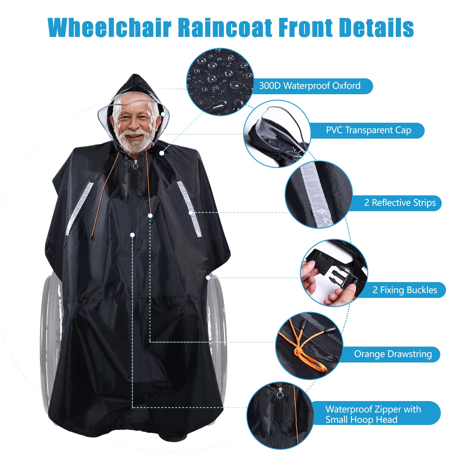Funda Poncho Lluvia para Silla de Ruedas con Capucha Semitransparente, Chubasquero Silla de Ruedas con cremallera impermeable y tiras reflectantes, Wheelchair Raincoat para andador movilidad y scooter