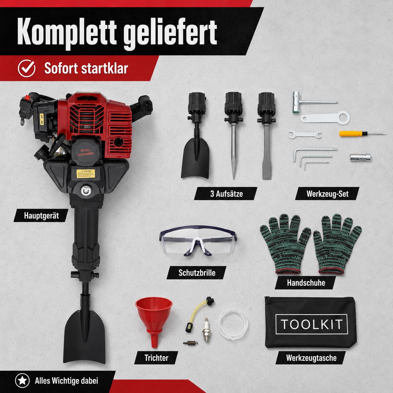 Martillo de demolición de gasolina, con 3 cinceles, pala de gasolina de 2 tiempos | 2 en 1, 1900 W, 52 CC, 55 J, 6500 rpm, cincel plano, herramienta para trabajos forestales