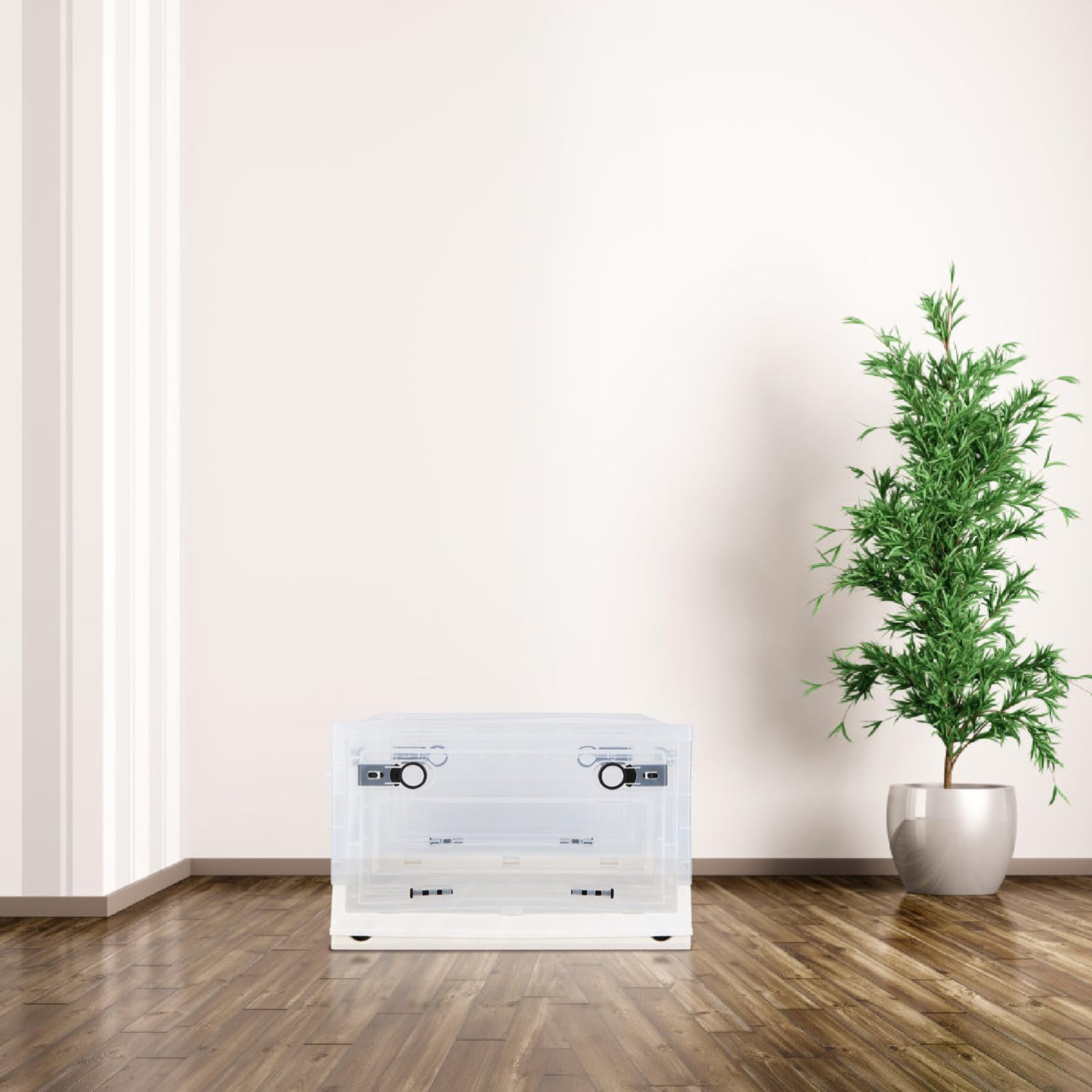 Mobestech Caja de Almacenamiento Plegable Plástico Contenedor para Guardar Libros Blanco, Tamaño Pequeño, Gran Capacidad, Ventana Visible, para Ropa, Juguetes, Estudiantes, Aula