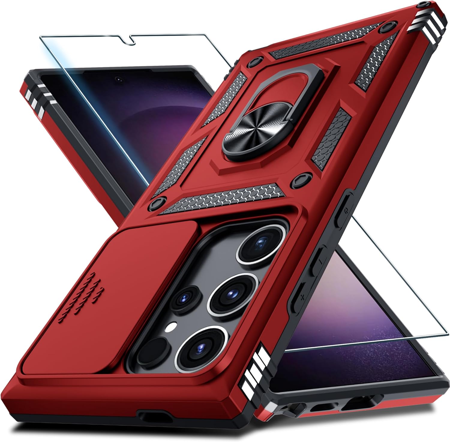 Janmitta Compatible with Samsung Galaxy S25 Ultra Case Built in Slide Camera Lens Cover+Screen Protector+Finger Ring Holder Kickstand,Heavy Duty Shockproof Full Body Phone Cover,2025 Red