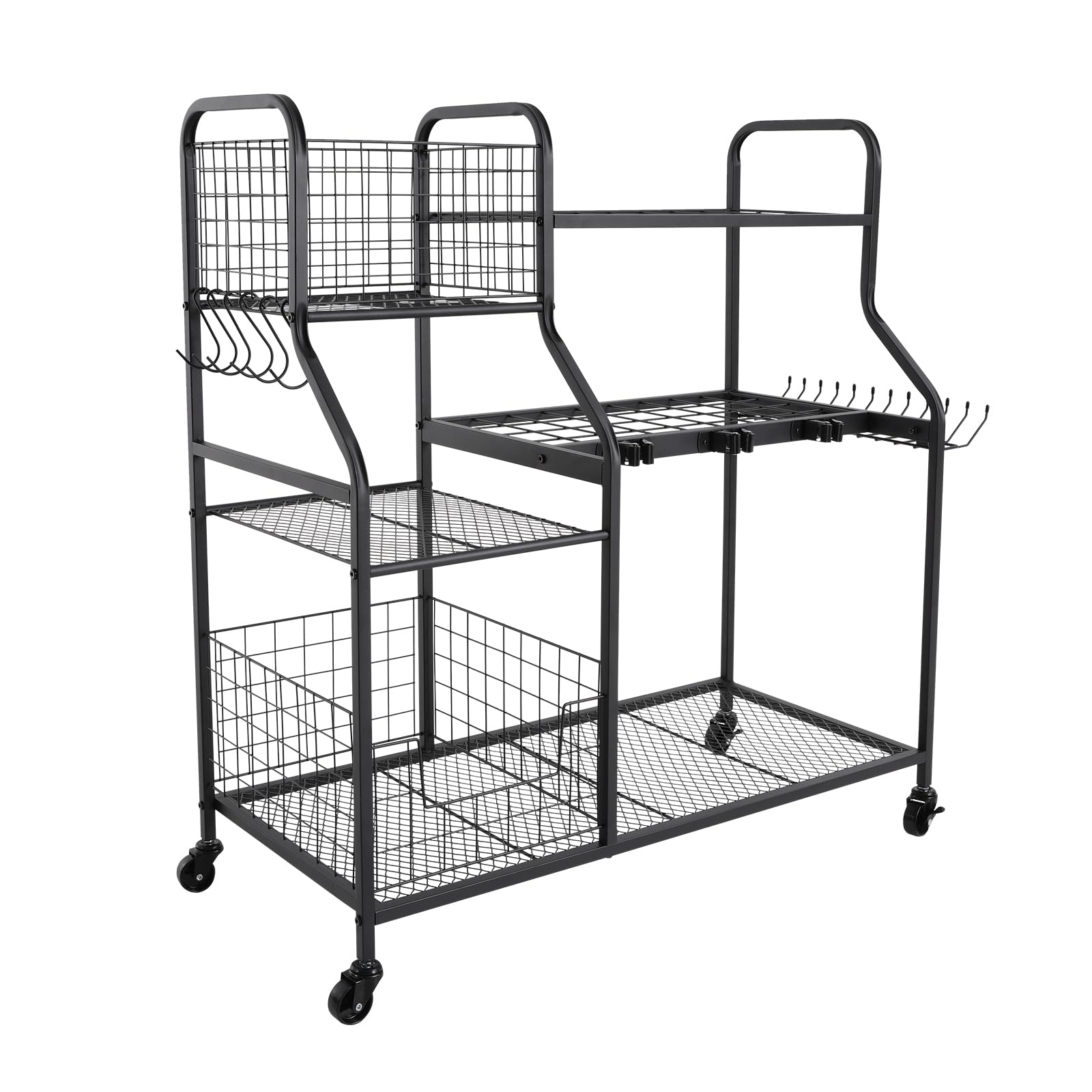 Supporto per attrezzi da giardino, organizer per attrezzi, da giardino, 92 cm, in metallo nero, con ruote per garage, balcone, giardino