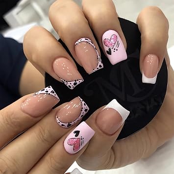 Valentines Press on Nails Heart Fake Nails, LPOODDNU Medium French Tip Press on Nails White False Nail Tips Glossy Pink Heart Glue on Nails Cute Square Valentine Stick on Nails for Women, 24Pcs