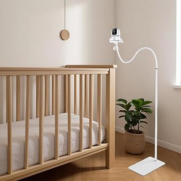 Baby Monitor Floor Stand Holder, Universal Floor Mount Camera Stand for Surveillance with Monitor Shelf with Flexible Hose Compatible with Most Baby Monitors Camera White