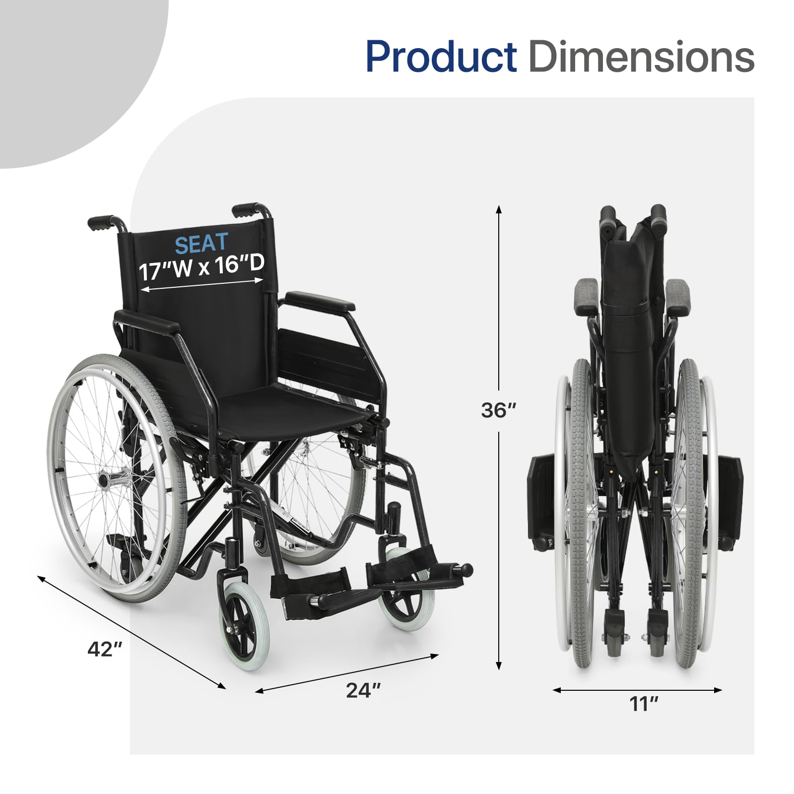 MIRAMINGLE Self-Propelled Wheelchair for Adults, 17 Inch Seat, Steel Frame, 12