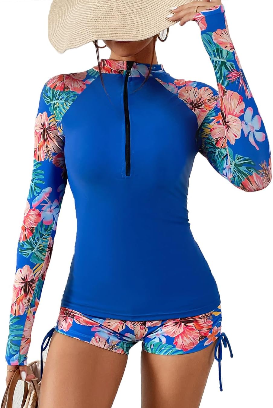 Women's Two Piece Rash Guard UPF50+ Sun Protection Long Sleeve Zip Front Swimsuit Top with Boyshorts Swim Shirt Blue