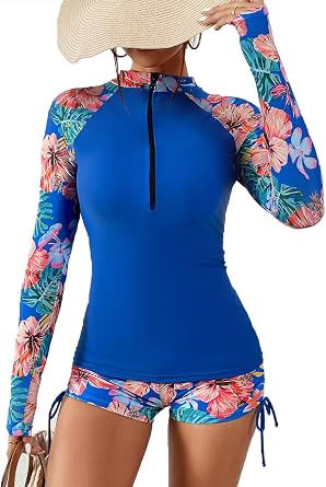 Womens Two Piece Rash Guard UPF50+ Sun Protection Long Sleeve Zip Front Swimsuit Top with Boyshorts Swim Shirt Blue