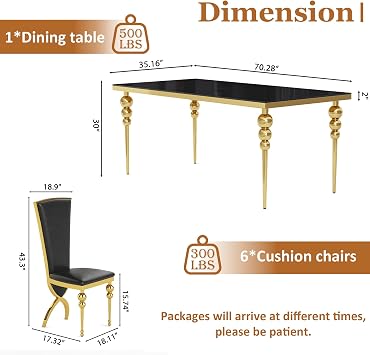 Glass Dining Table Set for 6, Luxurious 70 Inch Rectangular Glass Kitchen Table with 6 Black High Back Leather Chairs, for Dining Room, Restaurant, Living Room (Black Top)