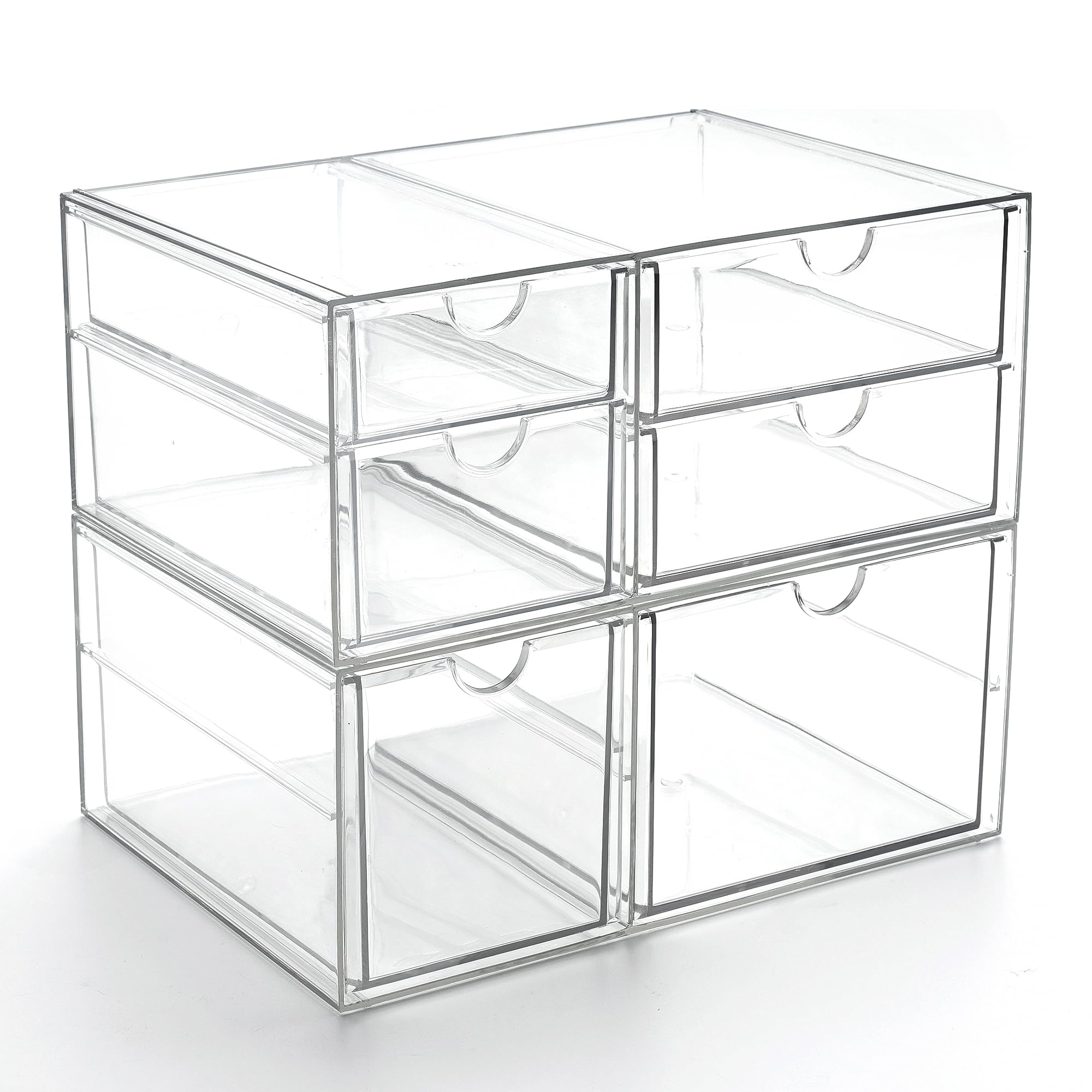 Prsildan Acrylic Drawer Makeup Organizer with 6 Drawers, Set of 2 Office Desk Organizers Accessories, Clear Stackable Storage Drawers for Vanity, Countertop, Craft, Jewelry, Art Supply Organization