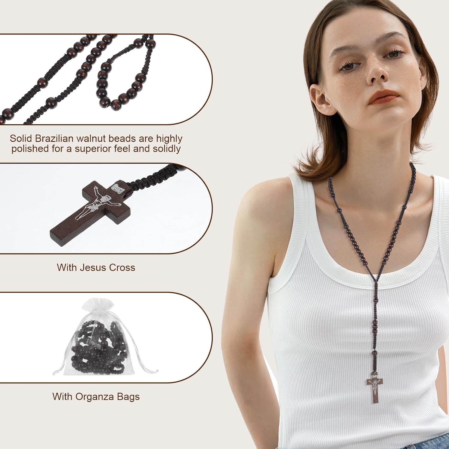 24 Pcs Wooden Bead Rosary Necklace, Catholic Wood Carved Beads with Jesus Cross for First Communion, Baptism Favors - Catholic Gift for Men Women (Multicolor-24pcs) - Image 3