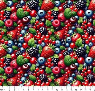 Tecido Tricoline Digital, Estampa 3D de Frutas Vermelhas, Morango, Mirtilo e Framboesa 50cm x 150cm Caldeira