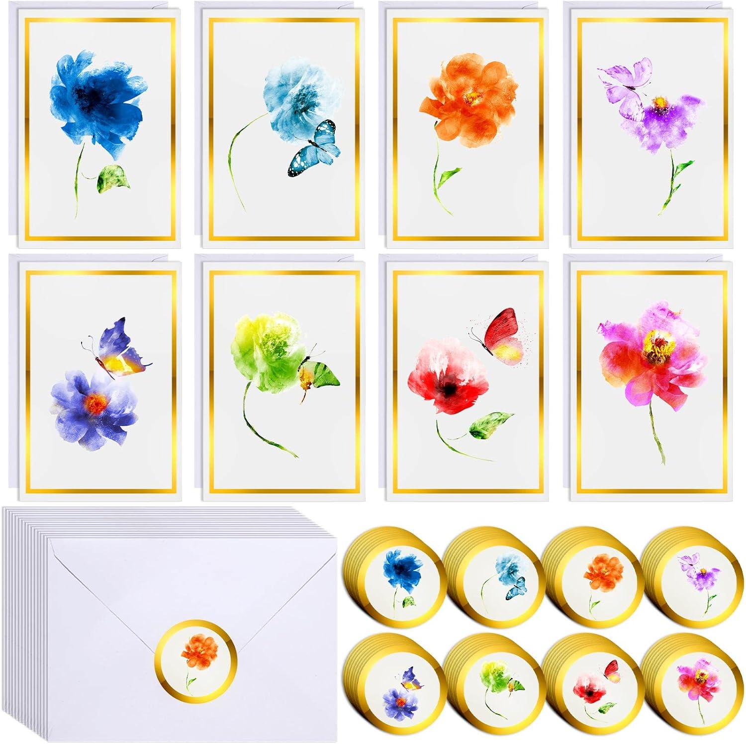Colarr 80 Sets Floral Blank Cards Bulk 4 x 6 Inch Watercolor Wildflowers Greeting Cards with Envelopes Stickers Stationary Notecards Gold Foil Gift Set for Birthday Mother's Day
