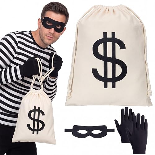 Syhood 3 Pcs Halloween Robber Costume Set Money Bag Black Eye Mask Gloves | Dollar Sign Money Bag 11.8x15.7 in, Bandit Burglar Cosplay Accessories, Thief Pirate Outfit, Trick or Treat, Party Favors