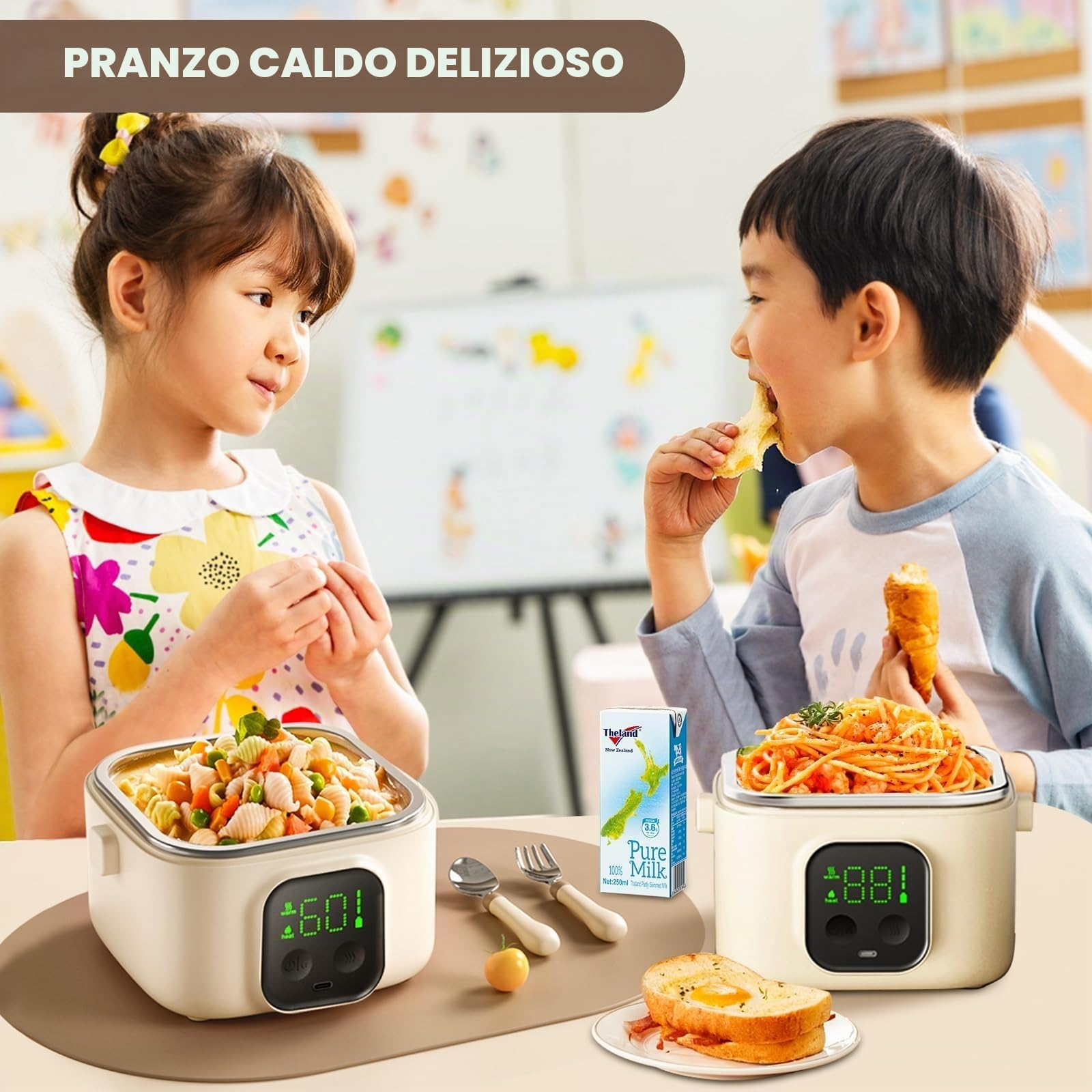 Lunch Box Elettrico Senza Fili da 14000 mAh - Scaldavivande Autoriscaldante da 800 ml con Timer Intelligente, Ricarica Type-C per Ufficio, Scuola e Viaggi 800ml