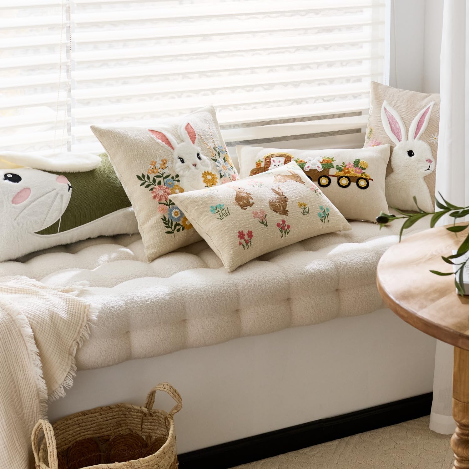 Pack of 2 Easter Throw Pillow Covers 18x18 Inch Embroidered Bunny Spring Decor Soft Living Room Easter Decorative Pillow Cases (Happy Spring, 18" x 18" (Pack of 2))