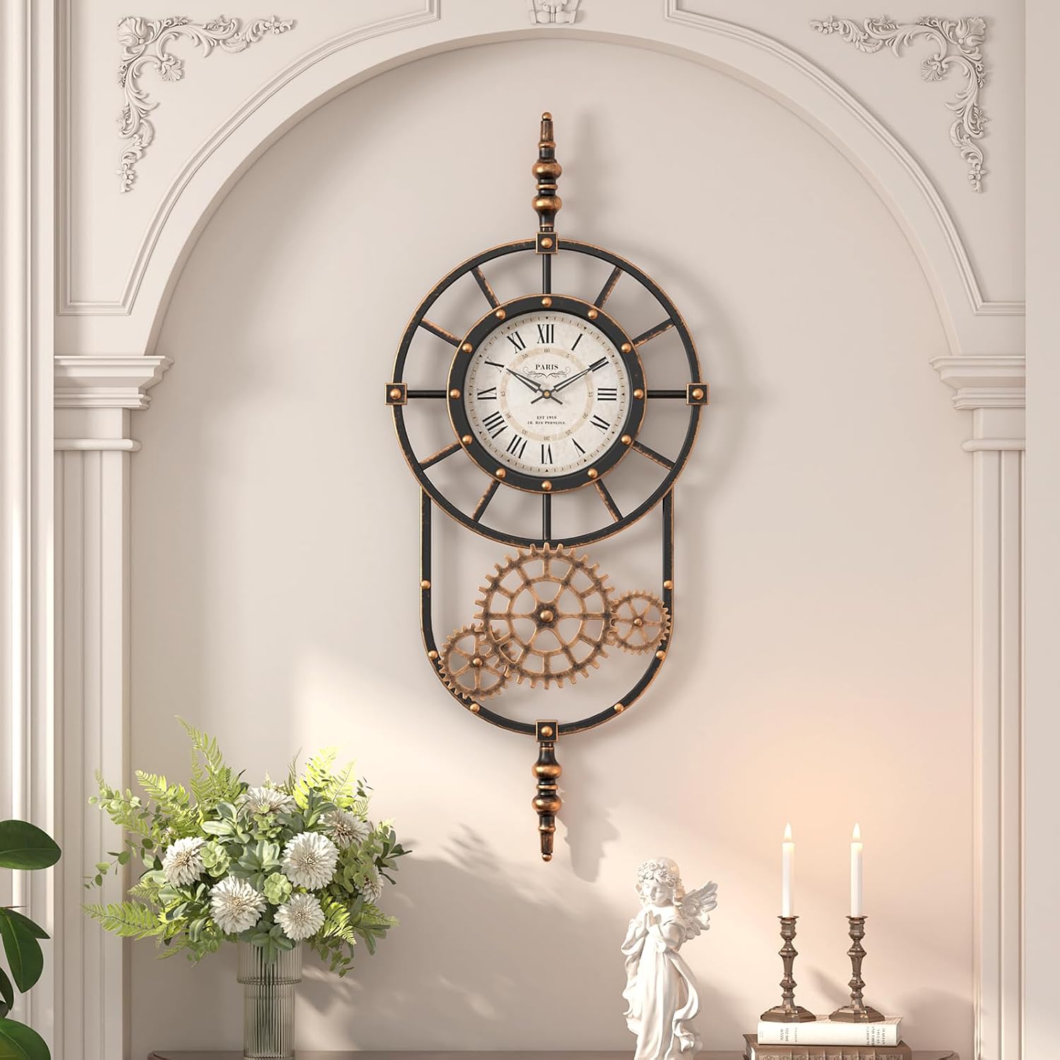 Large Industrial Steampunk Decor Vintage Wall Clock, Antique Gold Black Metal Wall Clocks for Living Room Farmhouse (23" H x 14" W) Antique Gold Black 23" H x14" W