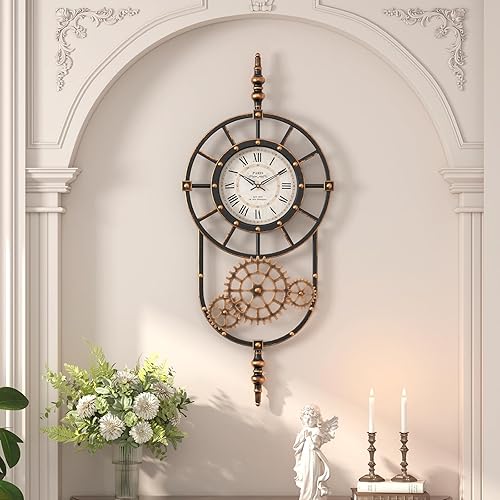 Reloj de pared vintage con decoración steampunk industrial, reloj de pared de metal negro dorado antiguo para sala de estar y casa de campo (23