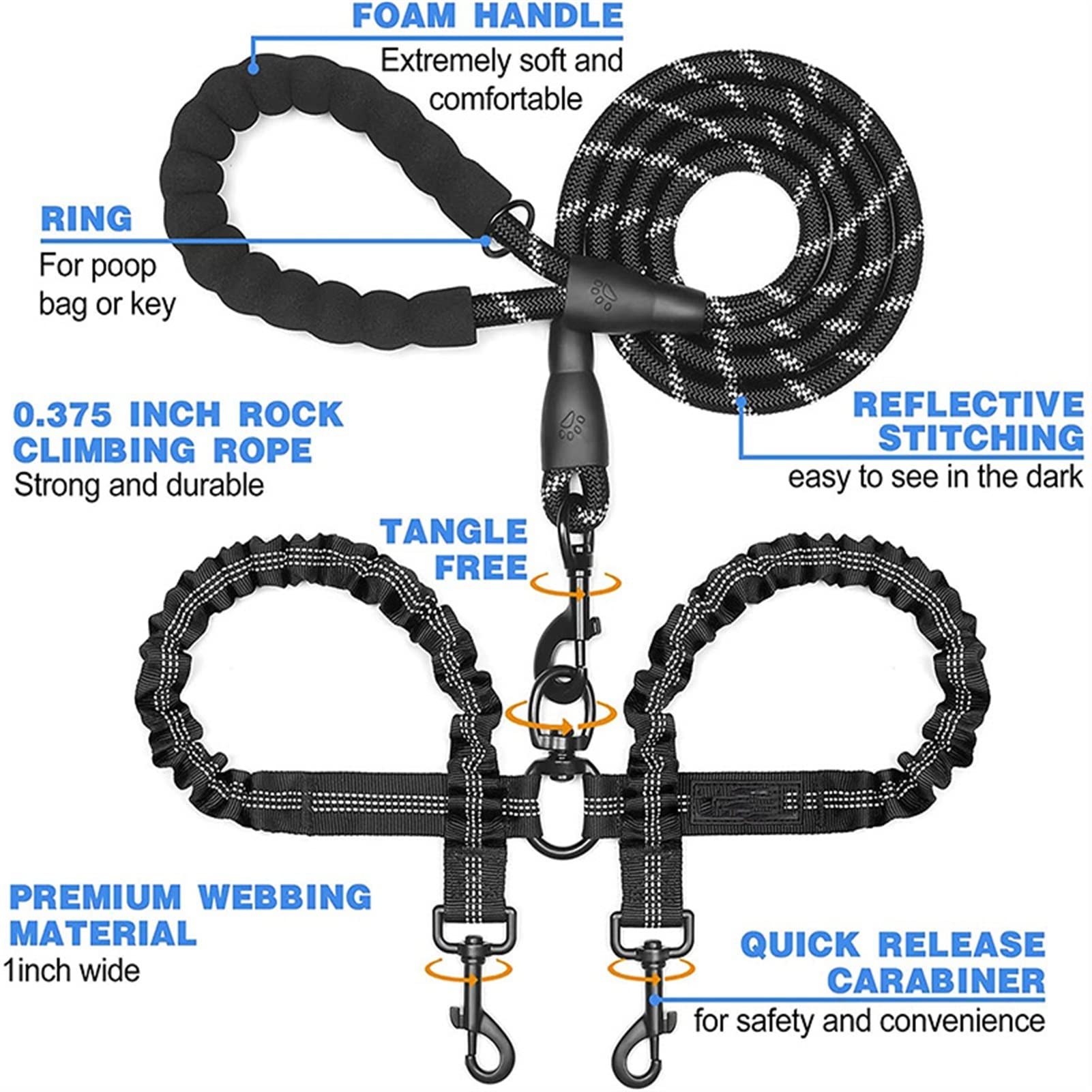 2 Two Dods Leash Coupler Double Twin Lead Walking Hundeleinen (Color : Black)
