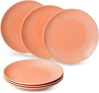 suntun Assiettes Plates Porcelaine 6 pièces, 10" Orange Assiettes Plats à Dinner Service de Table pour 6 Personnes, Vintage Assiette Grande en Céramique, Motif Relief à Flocons de Neige