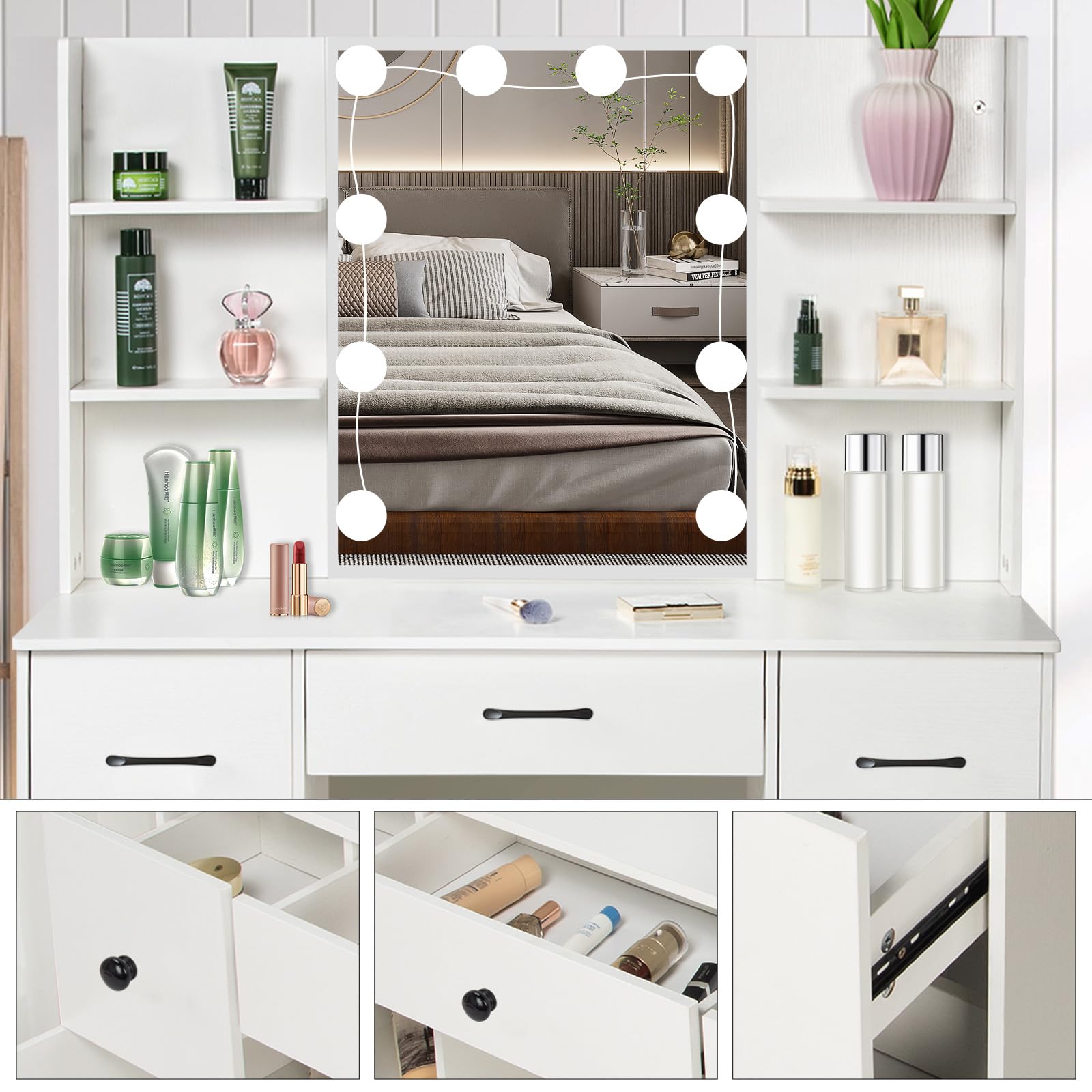 Dradaomull Make-uptafel met ledverlichting, kaptafel met spiegel voor make- up, 3 kleuren met instelbare helderheid, 6 laden, make-uptafel met verstelbare planken