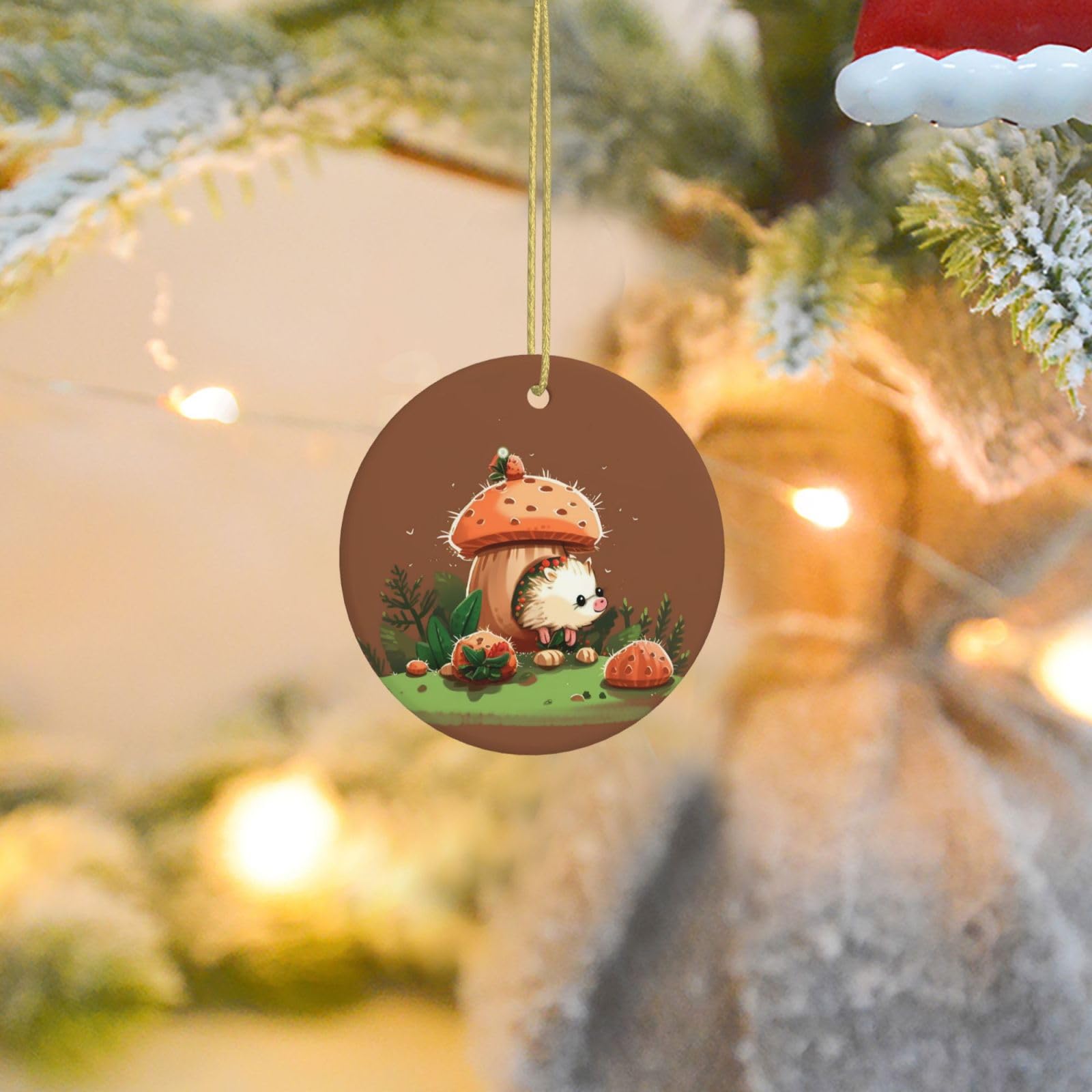 Christmas Tree Ornaments Ceramics Christmas Round Decorations Hedgehog and Mushroom Ceramics Ornaments Circle Pentagram Xmas Tree Hanging Pendant for Christmas Tree Party Holiday Home Decor