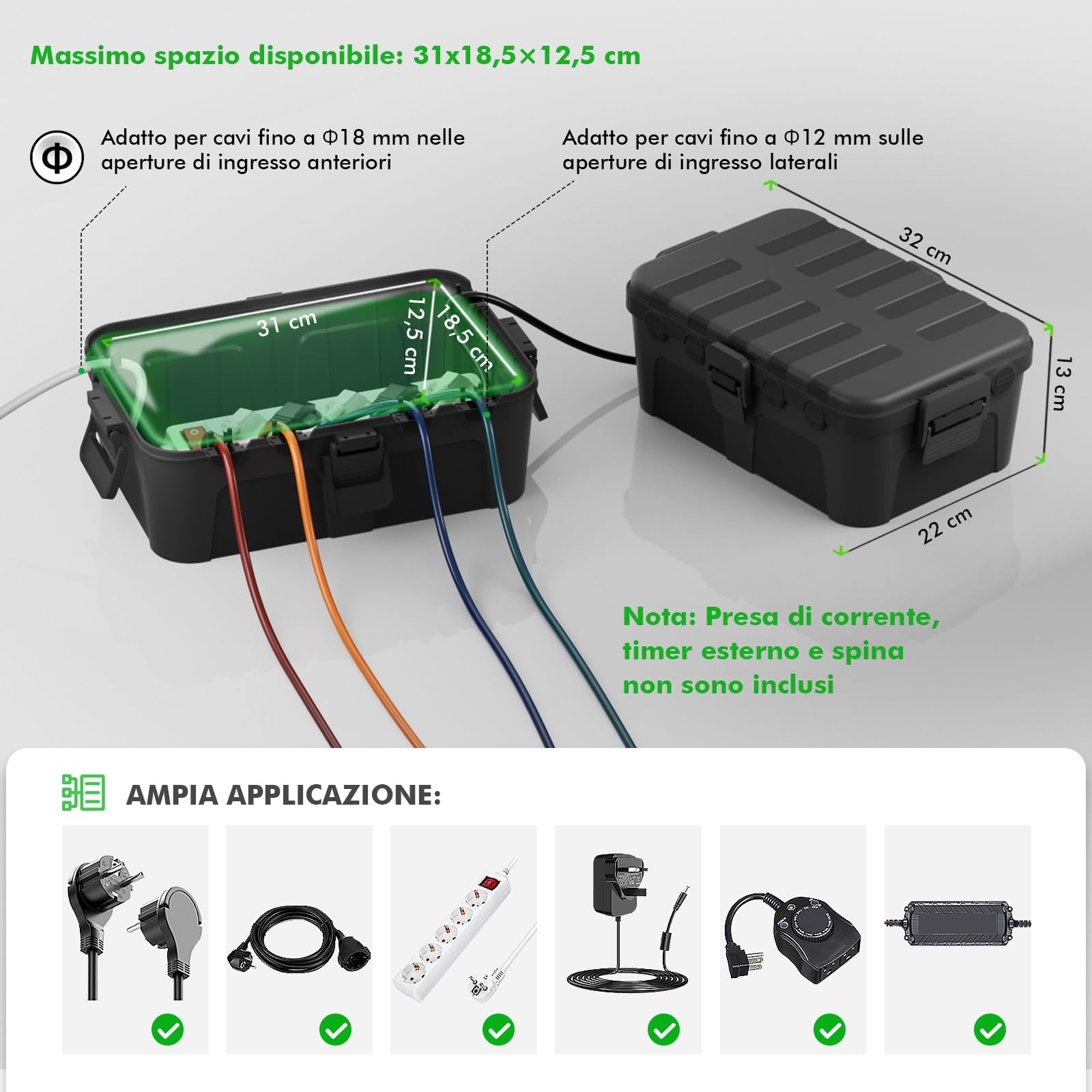 RESTMO Scatola di Protezione Impermeabile Extra-Large IP54 (32x22x13 cm) – Scatola per Cavi Esterna, Ideale per Proteggere Prese, Timer, Cavi di Alimentazione e Luci Decorative, Colore Nero