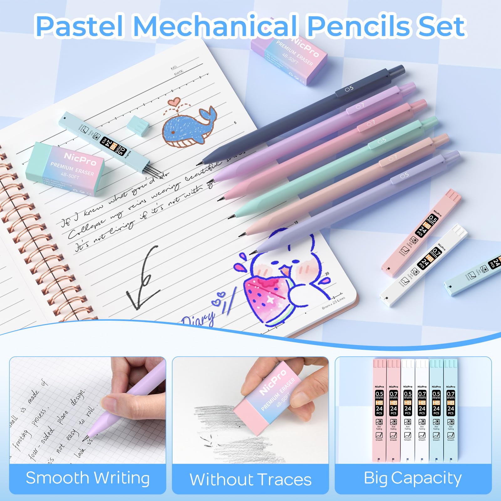 Nicpro Set di 50 quaderni a spirale da donna, set di 3 quaderni a spirale A5, penne gel, note adesive e linguette, confezione regalo, matite meccaniche per studio, lavoro, scuola e ufficio